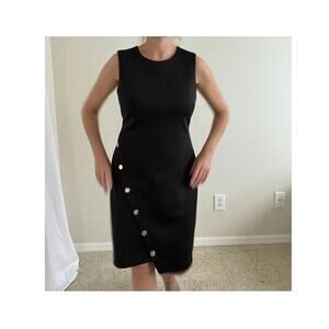 "Not So Little Black Tommy Dress – Asymmetrical Hem & Gold Button Detail"